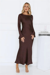 Girlfriend Energy Polka Dot Satin Maxi Dress Burgundy
