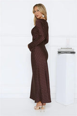 Girlfriend Energy Polka Dot Satin Maxi Dress Burgundy
