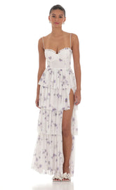 Floral Mesh Ruffle Maxi Dress in White