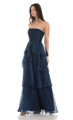 Corset Ruffle Strapless Maxi Dress in Navy