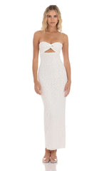 Strapless Textured Floral Twist Maxi Dress in White