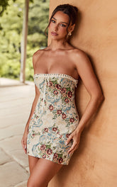 Dana Mini Dress Jacquard Strapless Contrast Trim Bodycon Dress in Cream