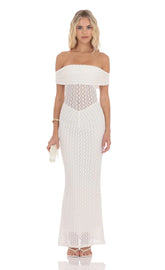 Off Shoulder Lace Bodycon Maxi Dress in White