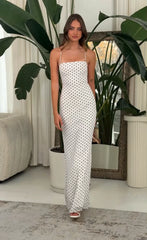 Polka Dot Open Back Maxi Dress in White