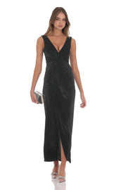 Velvet V-Neck Slit Maxi Dress in Black