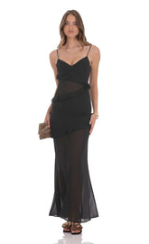 Chiffon Ruffle Cutout Maxi Dress in Black