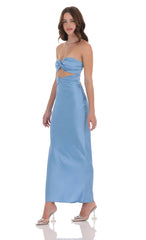 Satin Twist Cutout Maxi Dress in Light Blue