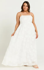 Claya Maxi Dress - Sleeveless Straight Neckline Floral Detail Dress in White Embroidery