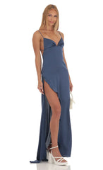 Satin Ruffle Maxi Dress in Blue