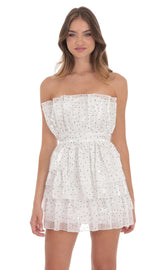 Tiered Polka Dot Strapless Dress in White