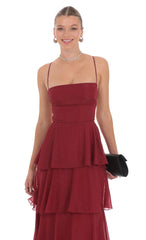 Shimmer Crinkle Maxi Dress in Maroon