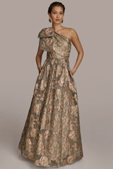 One Shoulder Bow Jacquard Ball Gown