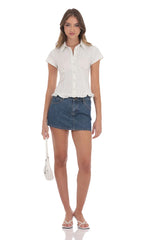 Button-Up Ruffle Top in White Stripes