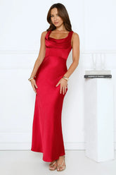 Crystal Luxe Satin Maxi Dress Red