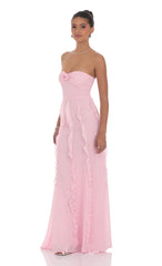Chiffon Rossette Ruffle Maxi Dress in Pink
