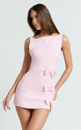 Arna Mini Dress High Neck Fitted Bow Detail Leg Split Fitted Dress in Pink