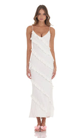 Ruffle V-Neck Maxi Dress in White