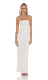 Strapless Ruffle Maxi Dress in White