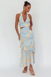 Aura Points Halterneck Cut-Out Maxi Dress Floral Blue