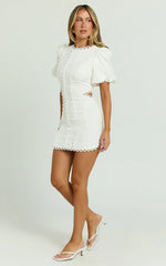 Laila Mini Linen Blend Dress High Neck Side Cut Out Puff Sleeve Straight Dress in Off White
