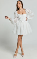 Ingrid Mini Dress - Long Puff Sleeve Pearl Detail Dress in White