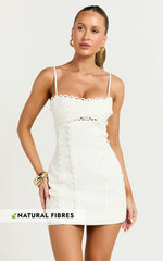 Gigi Mini Linen Dress - Sweetheart Tie Back Scallop Detail Dress in Off White