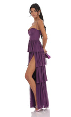 Mesh Ruffle Maxi Dress in Purple