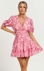 Adea Mini Dress Plunge Puff Sleeve Tiered Dress in Pink Floral