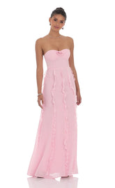 Chiffon Rossette Ruffle Maxi Dress in Pink