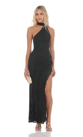 Mesh Halter Scarf Maxi Dress in Black