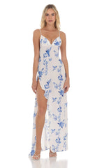 Floral Ruffle Slit Maxi Dress in White