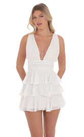 Plunge Neck Ruffle Dress in White