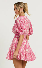 Adea Mini Dress Plunge Puff Sleeve Tiered Dress in Pink Floral