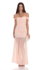 Mesh Off Shoulder Ruched Maxi Dress in Blush Pink