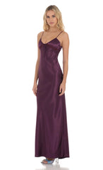 Satin Front Tie Maxi Dress in Purple