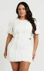 Laila Mini Linen Dress - High Neck Side Cut Out Puff Sleeve Straight Dress in Off White