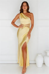 Show You Love One Shoulder Satin Maxi Dress Yellow