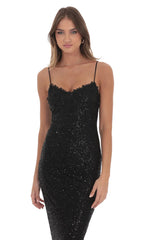 Lace Trim Sequin Maxi Dress in Black