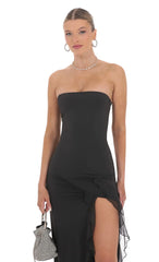 Strapless Ruffle Slit Maxi Dress in Black