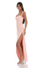 Suede Draped Lace Maxi Dress in Pink