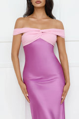 Luxe And Lavish Off Shoulder Satin Maxi Dress Purple