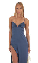 Satin Ruffle Maxi Dress in Blue