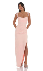 Suede Draped Lace Maxi Dress in Pink