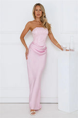 Dressed To Dazzle Strapless Satin Maxi Dress Pink