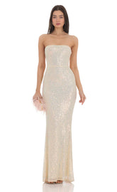 Iridescent Sequin Strapless Maxi Dress in Champagne