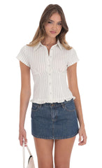 Button-Up Ruffle Top in White Stripes