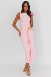 Zimora Gold Buckle Waist Drape Maxi Dress Pink