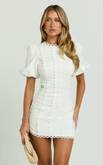 Laila Mini Linen Blend Dress High Neck Side Cut Out Puff Sleeve Straight Dress in Off White