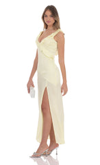 Satin V-Neck Open Back Maxi Dress in Pastel Yellow