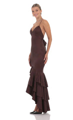 Satin Ruffle Fishtail Maxi Dress in Brown